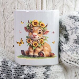🐄 Highland Cow with Sunflowers - Rustic Charm Mug - 11oz White Ceramic